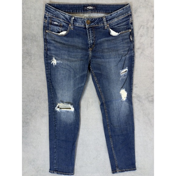 Silver Jeans Denim - Silver Jeans Womens 30 Blue Dark Wash Distrese‎ Denim Sam Boyfriend Mid Rise
